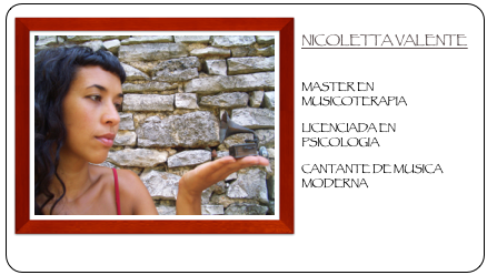 ￼
NICOLETTA VALENTE

MASTER EN MUSICOTERAPIA
LICENCIADA EN PSICOLOGIACANTANTE DE MUSICA MODERNA



CURRICULUM VITAE